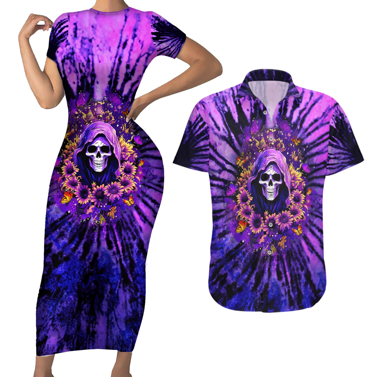 Sunflower Skull Couples Matching Short Sleeve Bodycon Dress and Hawaiian Shirt The Good Girl In Me Got Tired Of The Bullshit - Wonder Print Shop