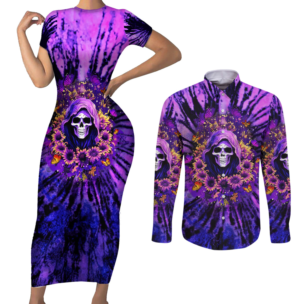 Sunflower Skull Couples Matching Short Sleeve Bodycon Dress and Long Sleeve Button Shirt The Good Girl In Me Got Tired Of The Bullshit - Wonder Print Shop