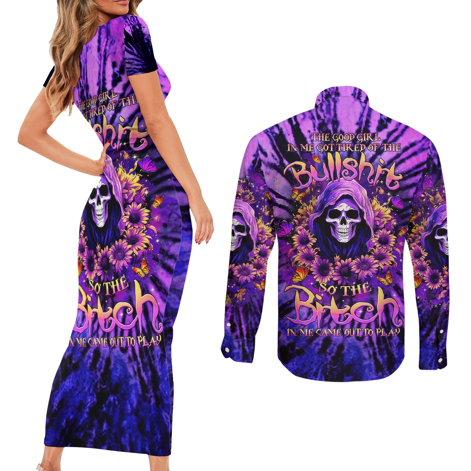 Sunflower Skull Couples Matching Short Sleeve Bodycon Dress and Long Sleeve Button Shirt The Good Girl In Me Got Tired Of The Bullshit - Wonder Print Shop