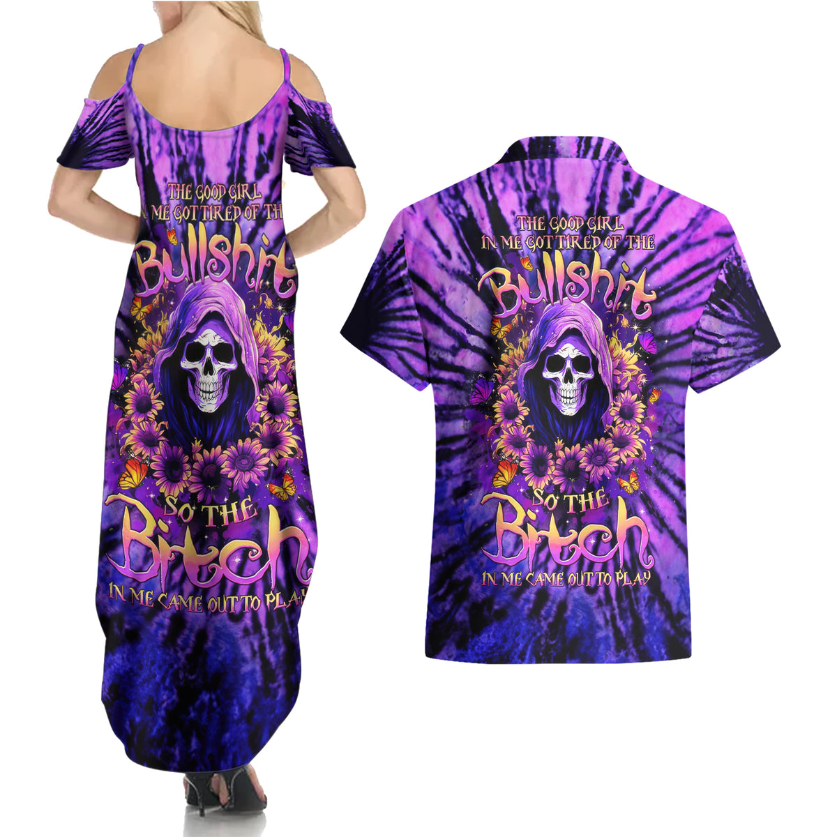 Sunflower Skull Couples Matching Summer Maxi Dress and Hawaiian Shirt The Good Girl In Me Got Tired Of The Bullshit - Wonder Print Shop