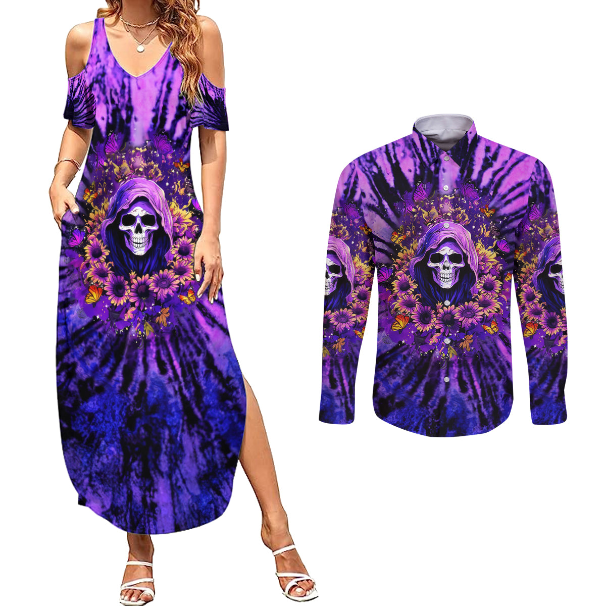 Sunflower Skull Couples Matching Summer Maxi Dress and Long Sleeve Button Shirt The Good Girl In Me Got Tired Of The Bullshit - Wonder Print Shop