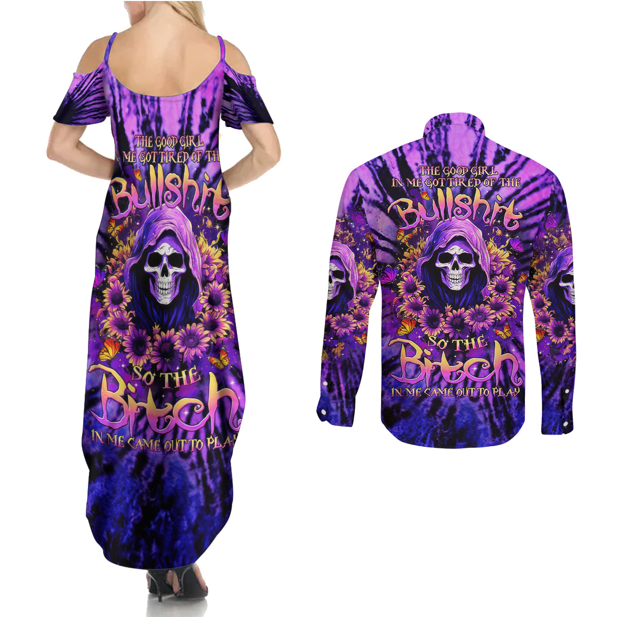 Sunflower Skull Couples Matching Summer Maxi Dress and Long Sleeve Button Shirt The Good Girl In Me Got Tired Of The Bullshit - Wonder Print Shop