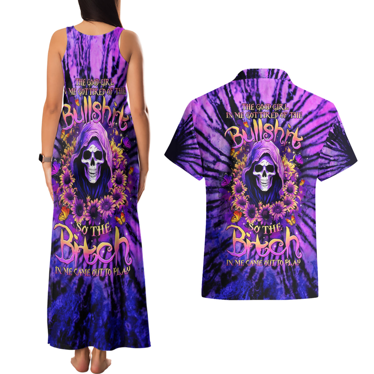 Sunflower Skull Couples Matching Tank Maxi Dress and Hawaiian Shirt The Good Girl In Me Got Tired Of The Bullshit - Wonder Print Shop