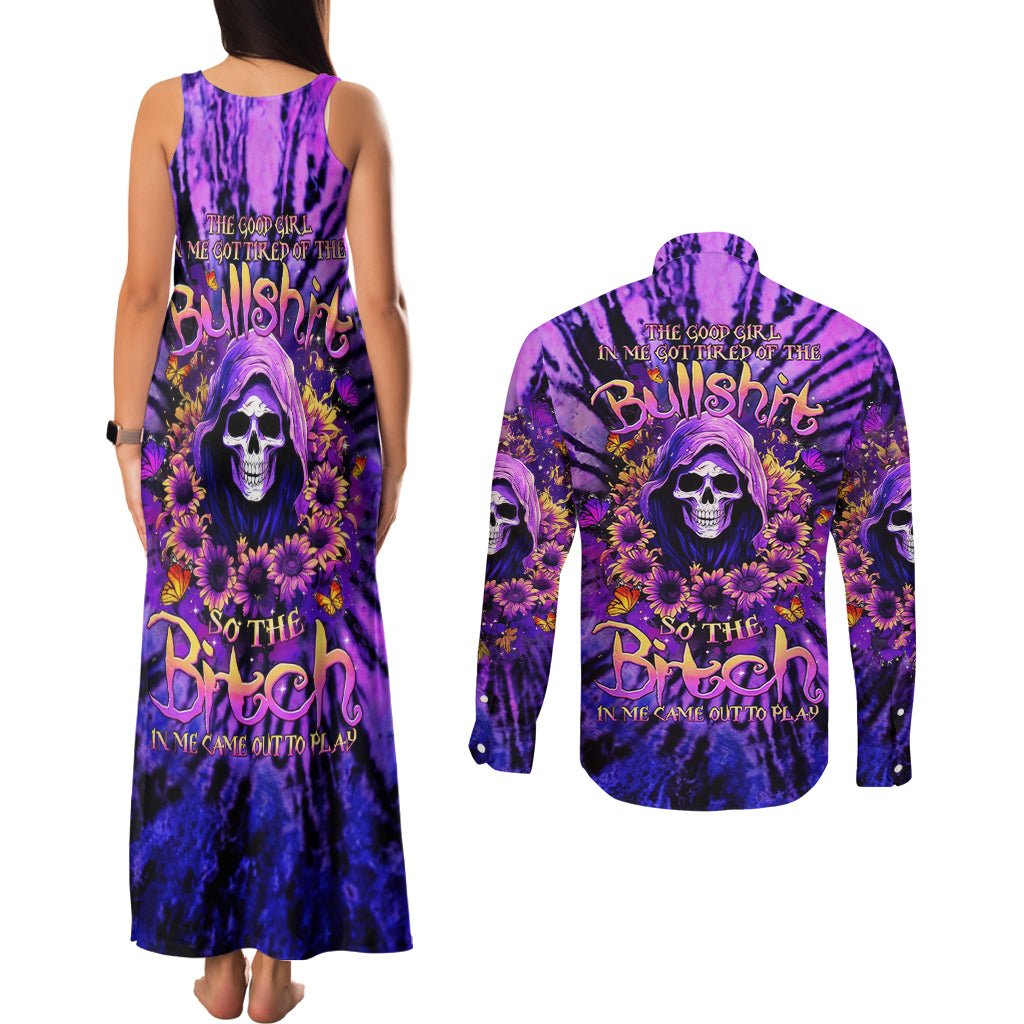 Sunflower Skull Couples Matching Tank Maxi Dress and Long Sleeve Button Shirt The Good Girl In Me Got Tired Of The Bullshit - Wonder Print Shop