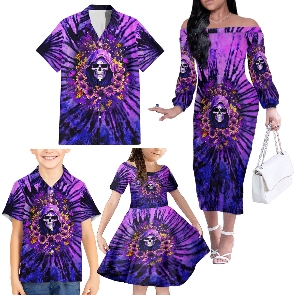 Sunflower Skull Family Matching Off Shoulder Long Sleeve Dress and Hawaiian Shirt The Good Girl In Me Got Tired Of The Bullshit - Wonder Print Shop