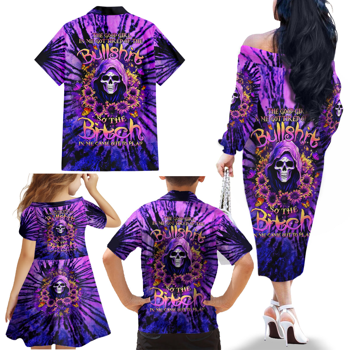 Sunflower Skull Family Matching Off Shoulder Long Sleeve Dress and Hawaiian Shirt The Good Girl In Me Got Tired Of The Bullshit - Wonder Print Shop