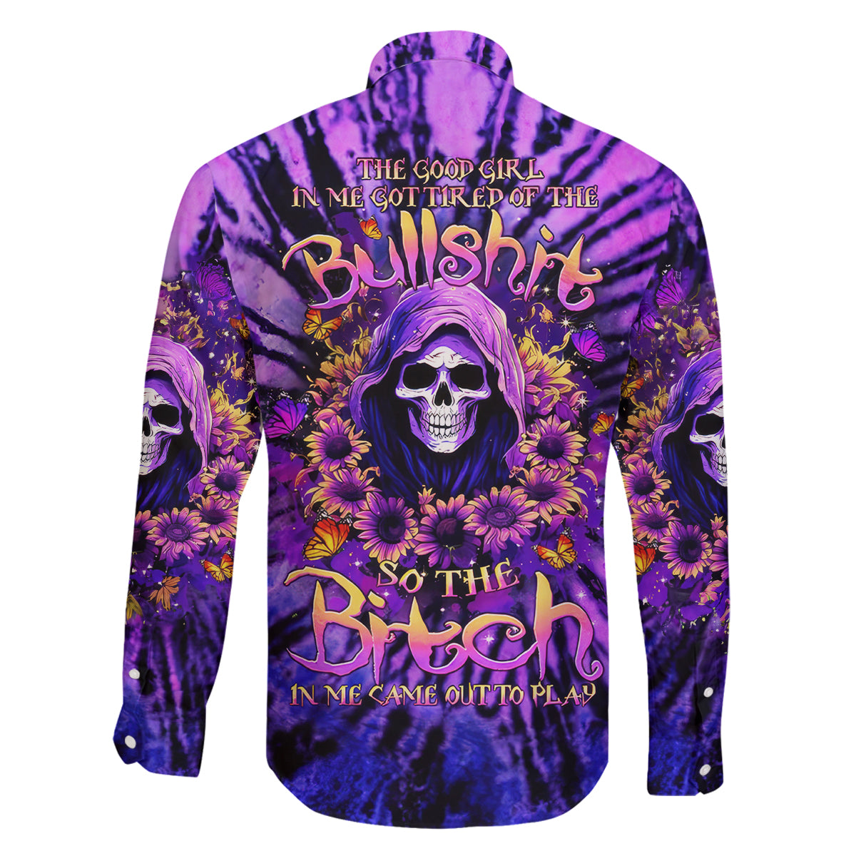 Sunflower Skull Family Matching Off Shoulder Long Sleeve Dress and Hawaiian Shirt The Good Girl In Me Got Tired Of The Bullshit - Wonder Print Shop