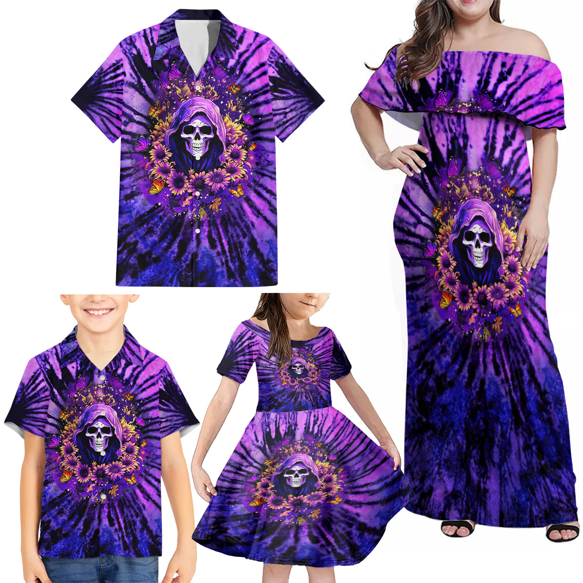 Sunflower Skull Family Matching Off Shoulder Maxi Dress and Hawaiian Shirt The Good Girl In Me Got Tired Of The Bullshit - Wonder Print Shop