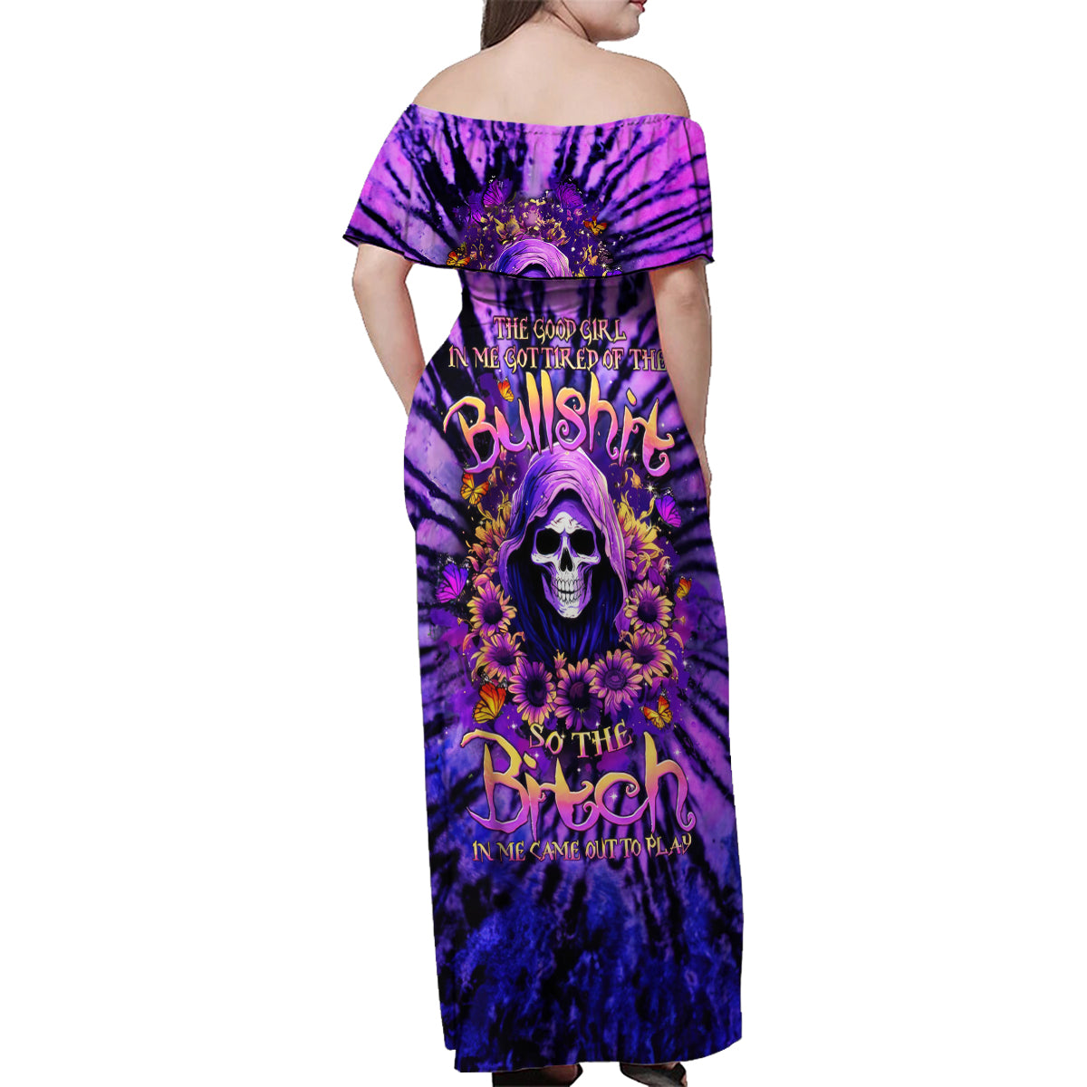 Sunflower Skull Family Matching Off Shoulder Maxi Dress and Hawaiian Shirt The Good Girl In Me Got Tired Of The Bullshit - Wonder Print Shop