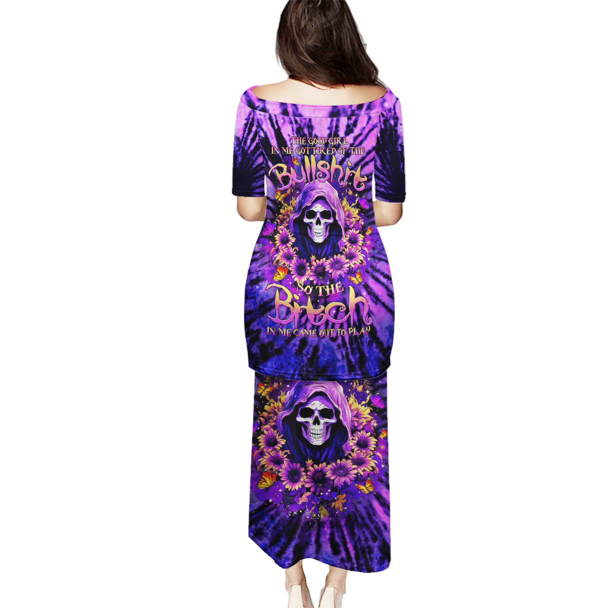 Sunflower Skull Family Matching Puletasi and Hawaiian Shirt The Good Girl In Me Got Tired Of The Bullshit - Wonder Print Shop