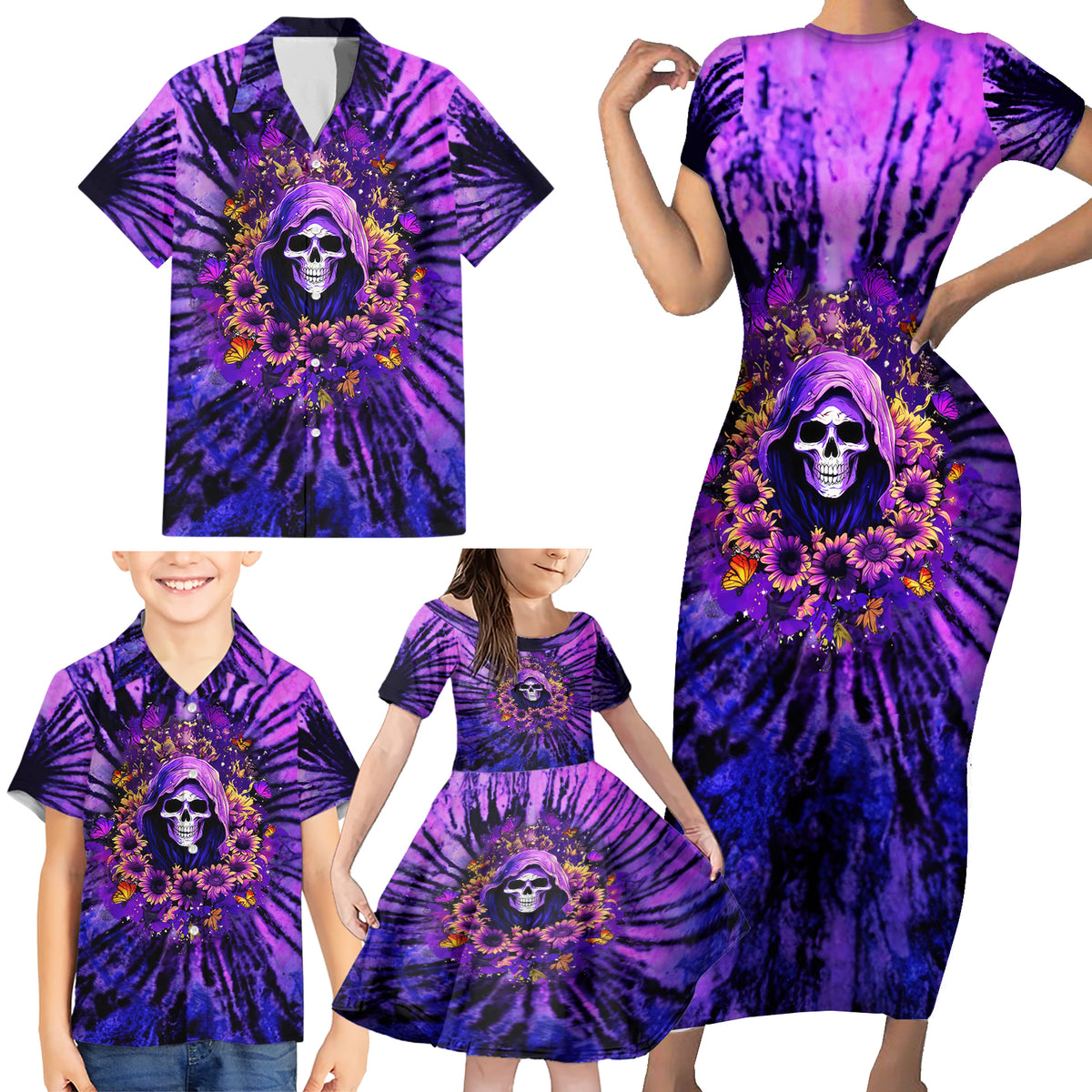 Sunflower Skull Family Matching Short Sleeve Bodycon Dress and Hawaiian Shirt The Good Girl In Me Got Tired Of The Bullshit - Wonder Print Shop