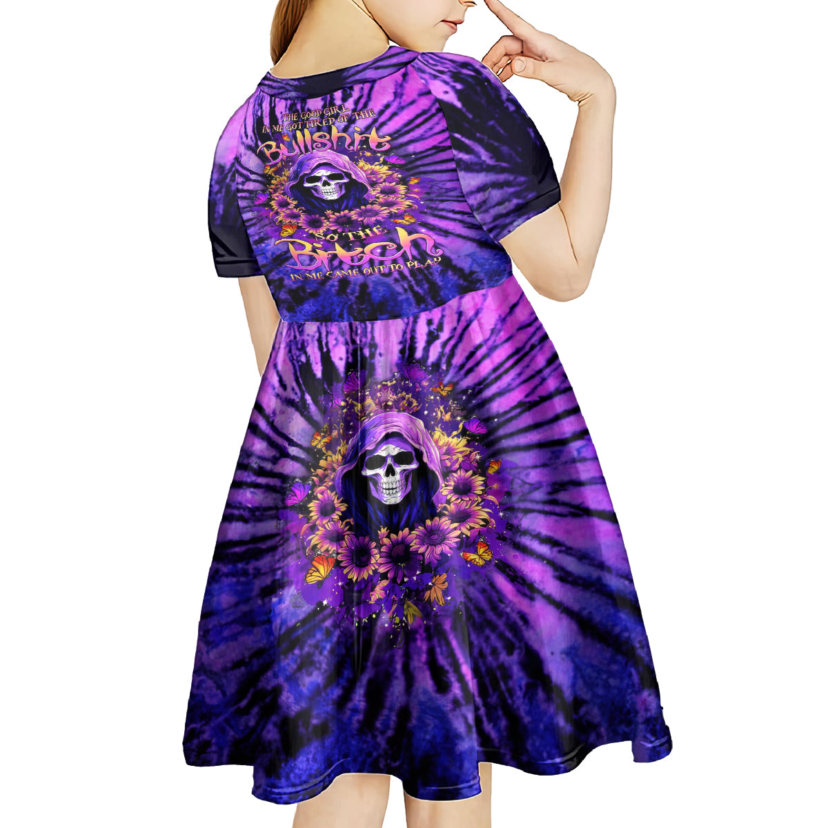 Sunflower Skull Kid Short Sleeve Dress The Good Girl In Me Got Tired Of The Bullshit - Wonder Print Shop