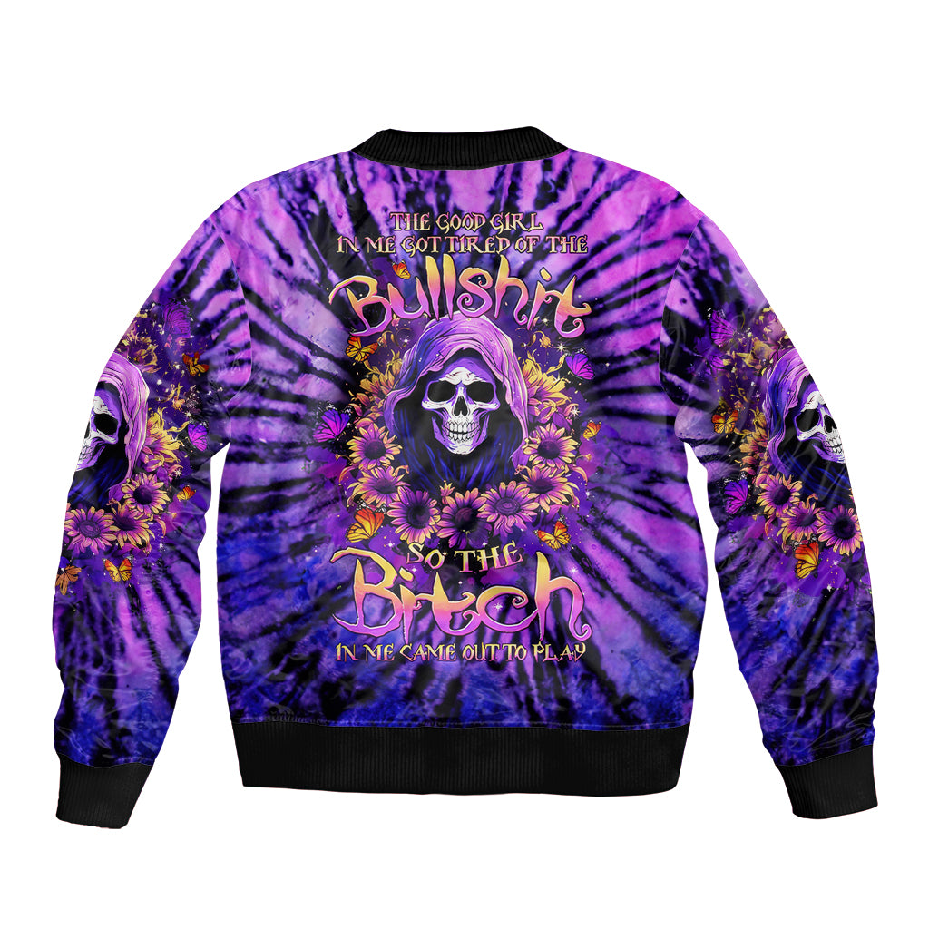 Sunflower Skull Sleeve Zip Bomber Jacket The Good Girl In Me Got Tired Of The Bullshit - Wonder Print Shop