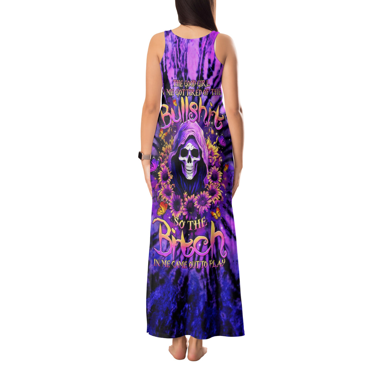 Sunflower Skull Tank Maxi Dress The Good Girl In Me Got Tired Of The Bullshit - Wonder Print Shop