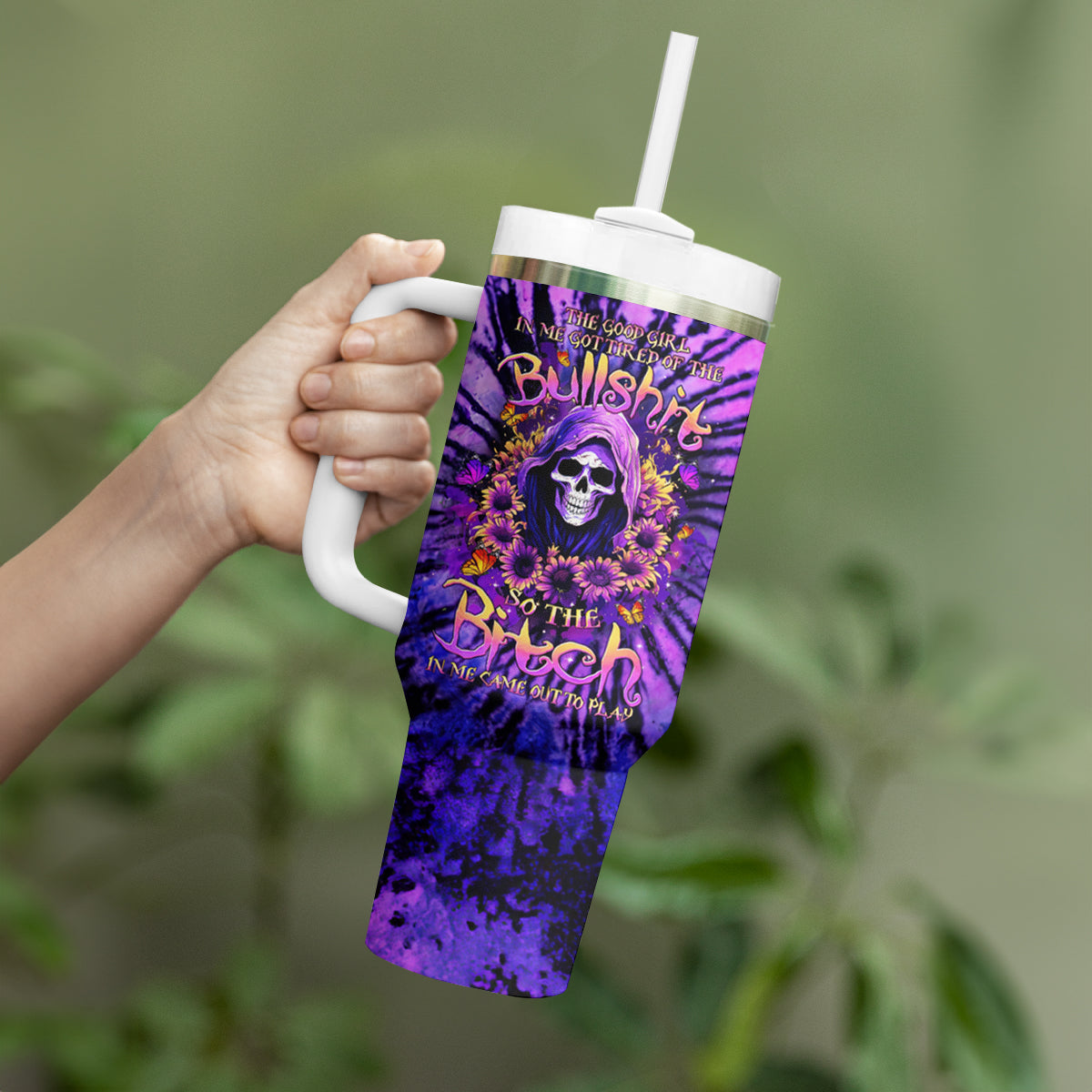 Sunflower Skull Tumbler With Handle The Good Girl In Me Got Tired Of The Bullshit - Wonder Print Shop