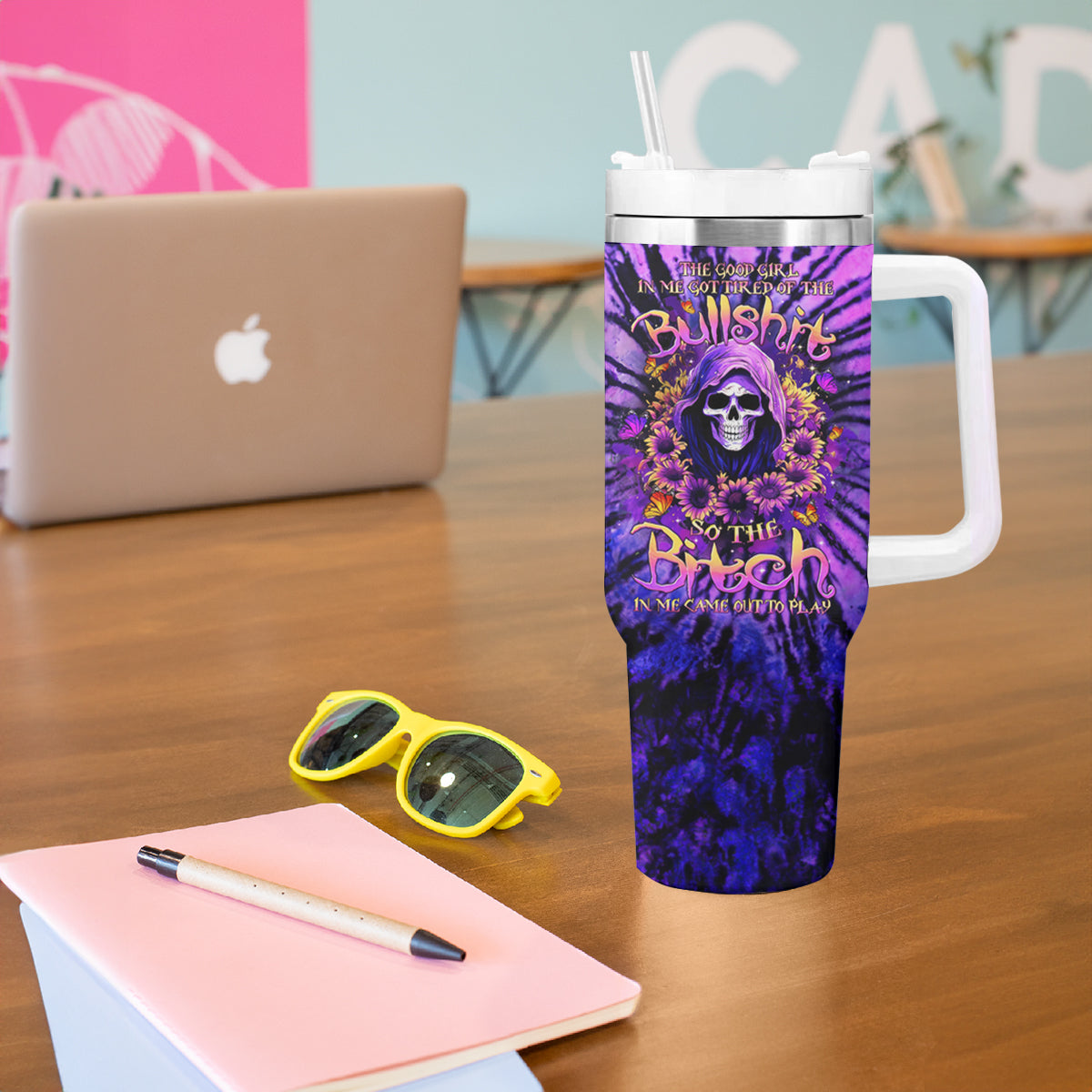 Sunflower Skull Tumbler With Handle The Good Girl In Me Got Tired Of The Bullshit - Wonder Print Shop