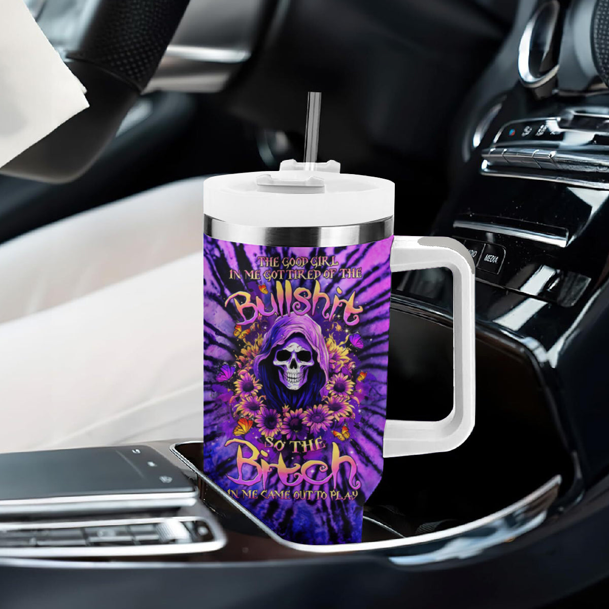 Sunflower Skull Tumbler With Handle The Good Girl In Me Got Tired Of The Bullshit - Wonder Print Shop