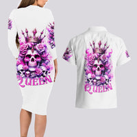Rose Skull Couples Matching Long Sleeve Bodycon Dress and Hawaiian Shirt Queen Skull - Wonder Print Shop