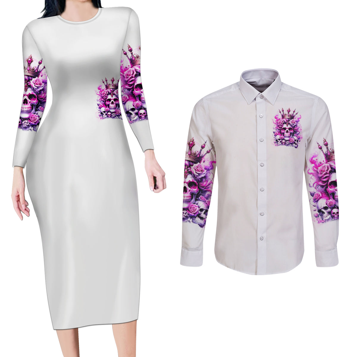 Rose Skull Couples Matching Long Sleeve Bodycon Dress and Long Sleeve Button Shirt Queen Skull - Wonder Print Shop