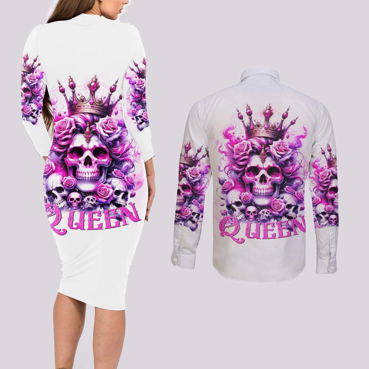 Rose Skull Couples Matching Long Sleeve Bodycon Dress and Long Sleeve Button Shirt Queen Skull - Wonder Print Shop