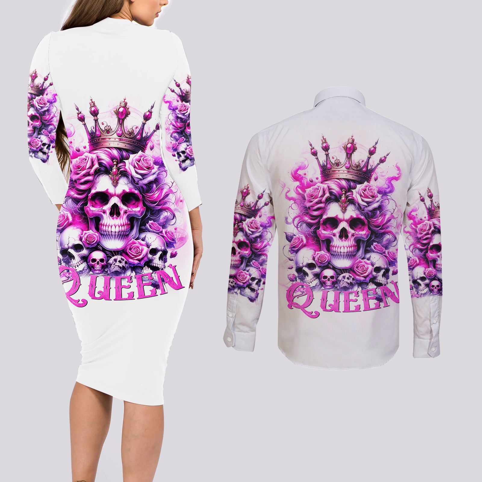 Rose Skull Couples Matching Long Sleeve Bodycon Dress and Long Sleeve Button Shirt Queen Skull - Wonder Print Shop