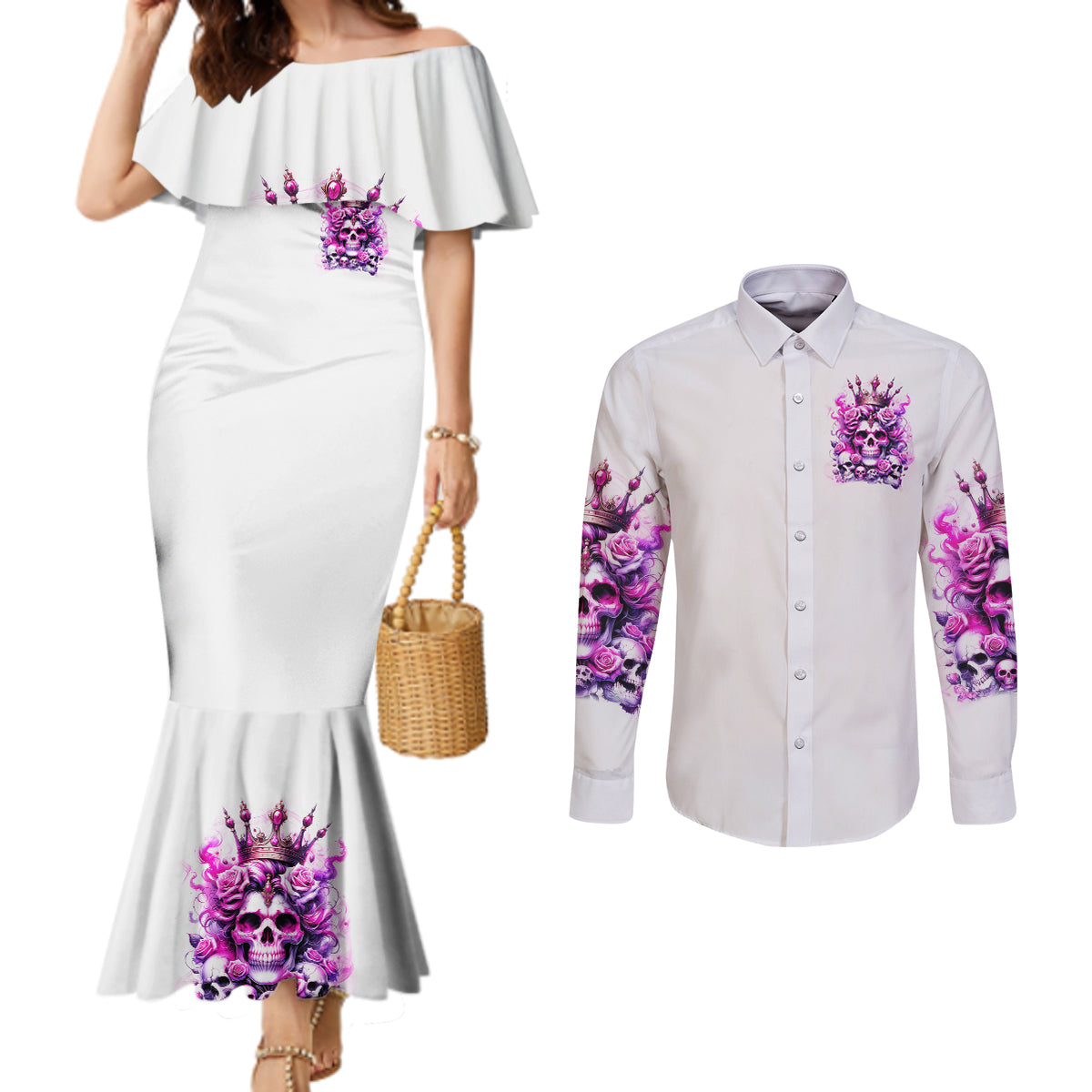 Rose Skull Couples Matching Mermaid Dress and Long Sleeve Button Shirt Queen Skull