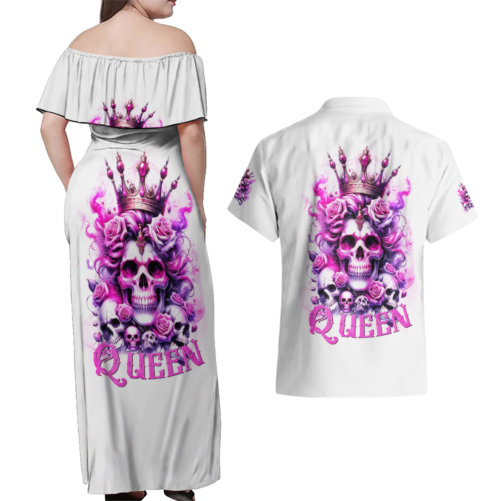 Rose Skull Couples Matching Off Shoulder Maxi Dress and Hawaiian Shirt Queen Skull - Wonder Print Shop