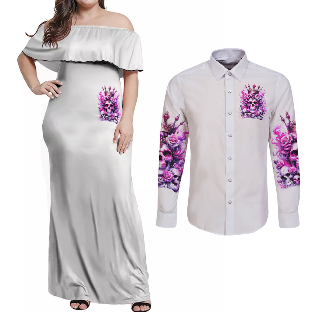 Rose Skull Couples Matching Off Shoulder Maxi Dress and Long Sleeve Button Shirt Queen Skull - Wonder Print Shop