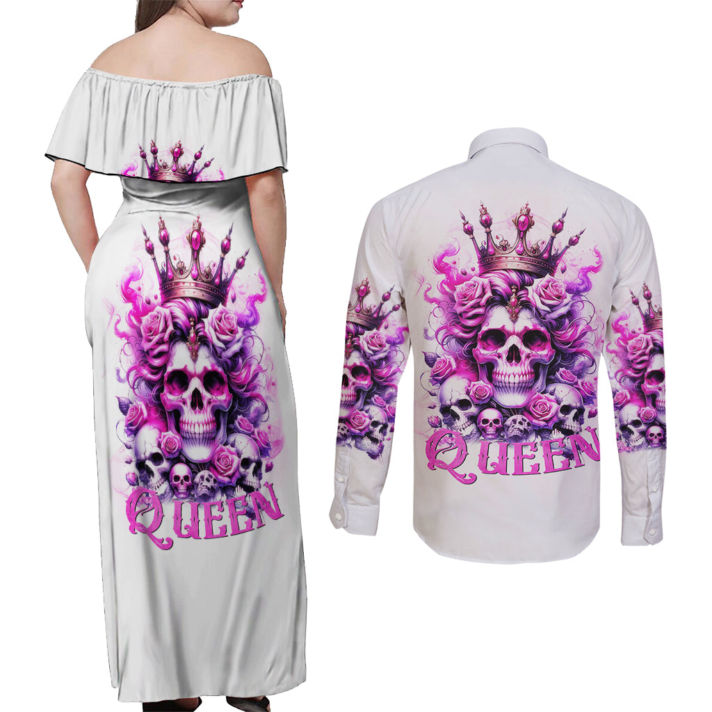 Rose Skull Couples Matching Off Shoulder Maxi Dress and Long Sleeve Button Shirt Queen Skull - Wonder Print Shop