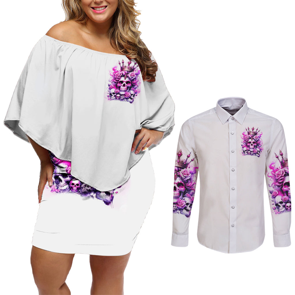 Rose Skull Couples Matching Off Shoulder Short Dress and Long Sleeve Button Shirt Queen Skull - Wonder Print Shop