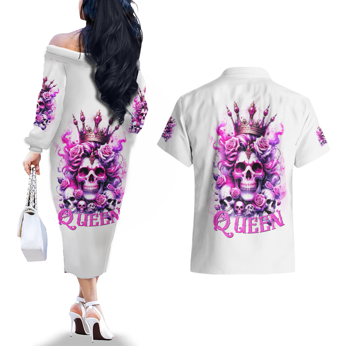 Rose Skull Couples Matching Off The Shoulder Long Sleeve Dress and Hawaiian Shirt Queen Skull - Wonder Print Shop