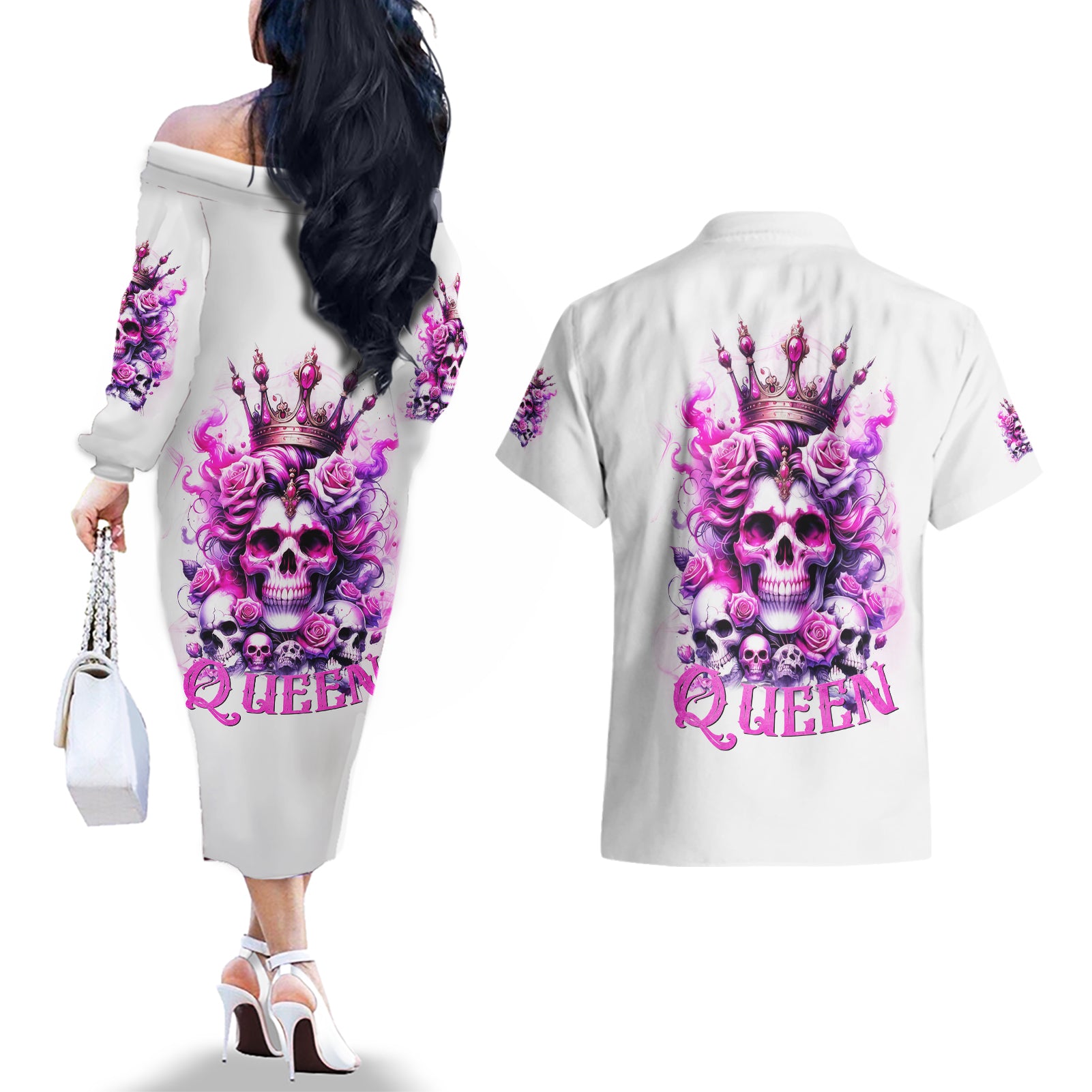 Rose Skull Couples Matching Off The Shoulder Long Sleeve Dress and Hawaiian Shirt Queen Skull - Wonder Print Shop