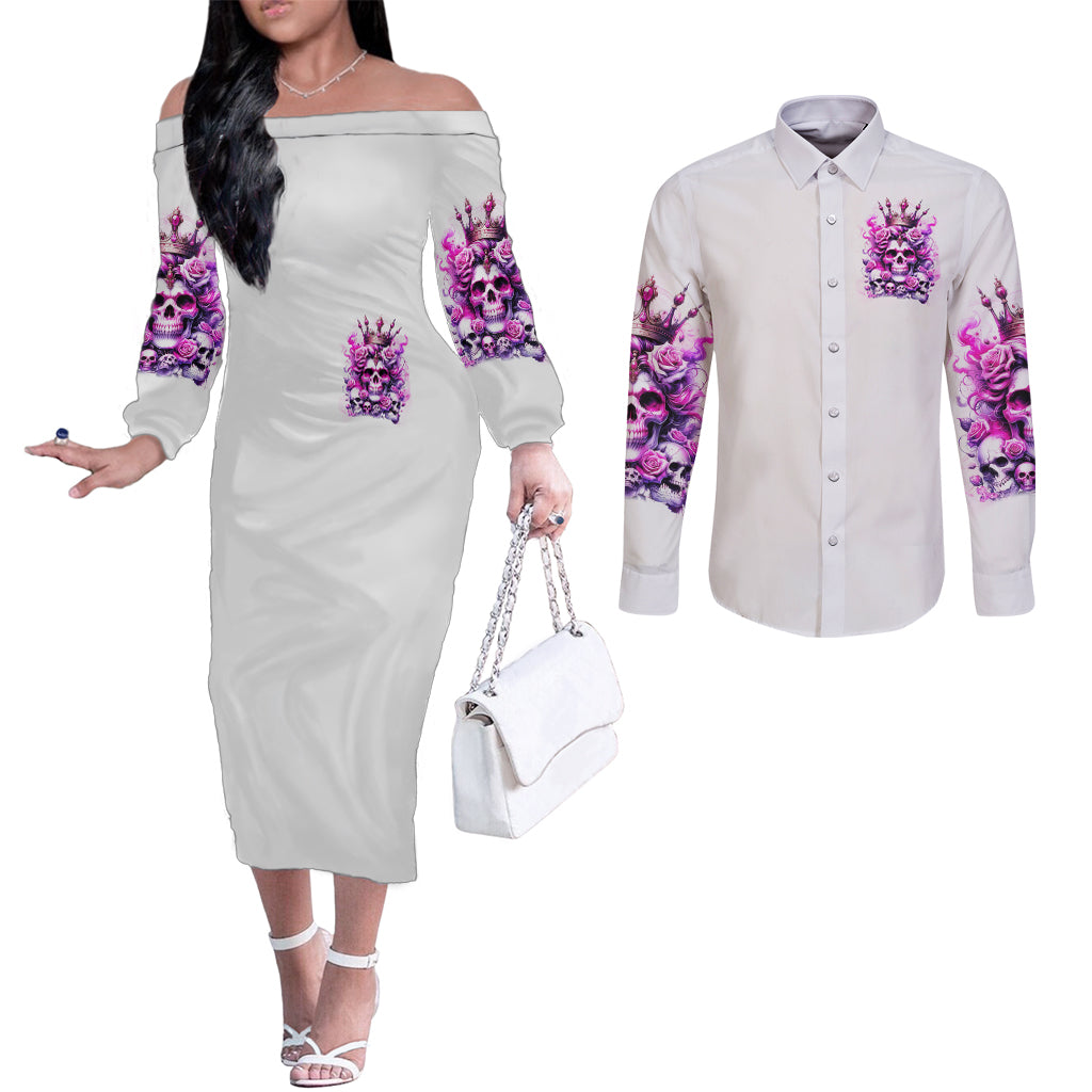 Rose Skull Couples Matching Off The Shoulder Long Sleeve Dress and Long Sleeve Button Shirt Queen Skull