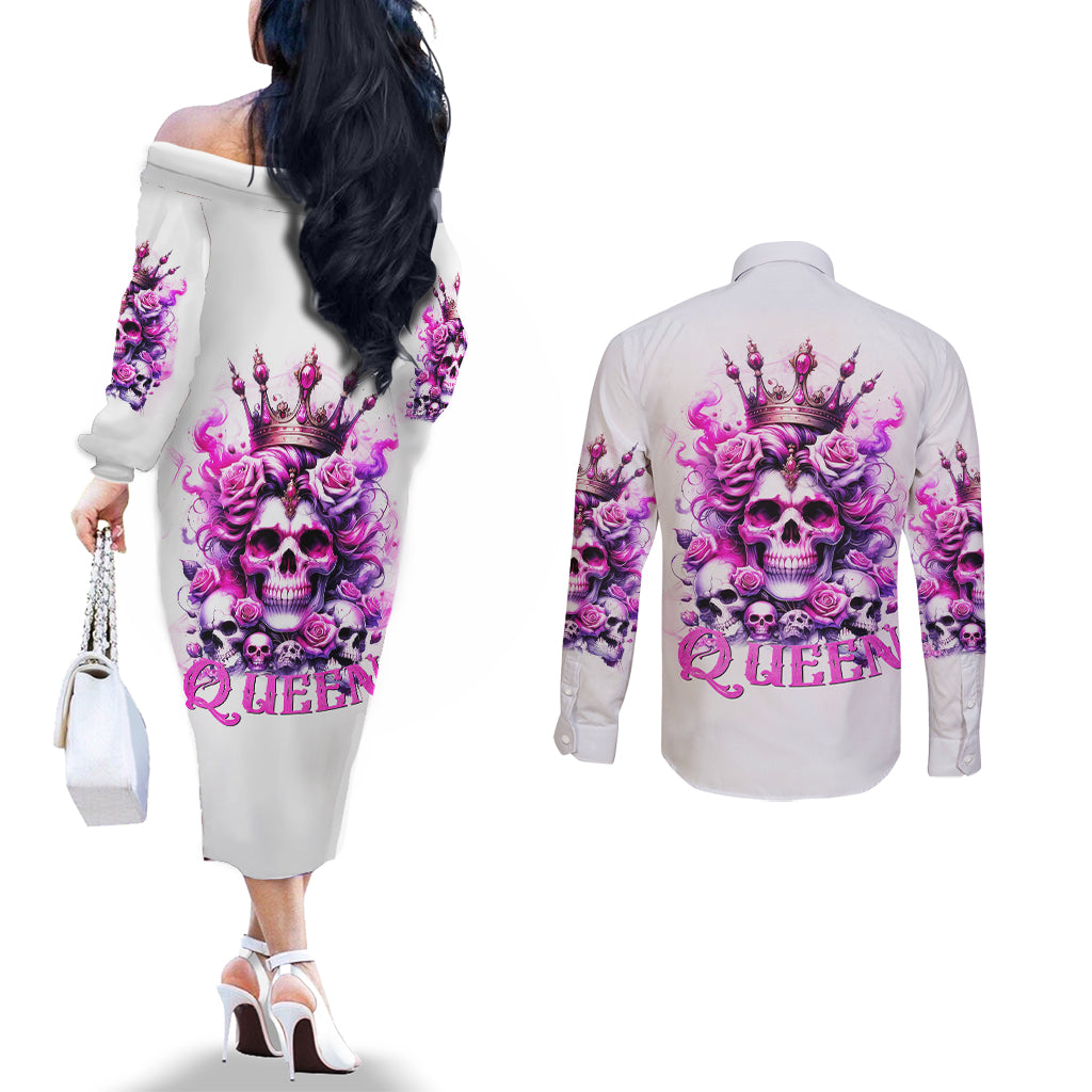 Rose Skull Couples Matching Off The Shoulder Long Sleeve Dress and Long Sleeve Button Shirt Queen Skull