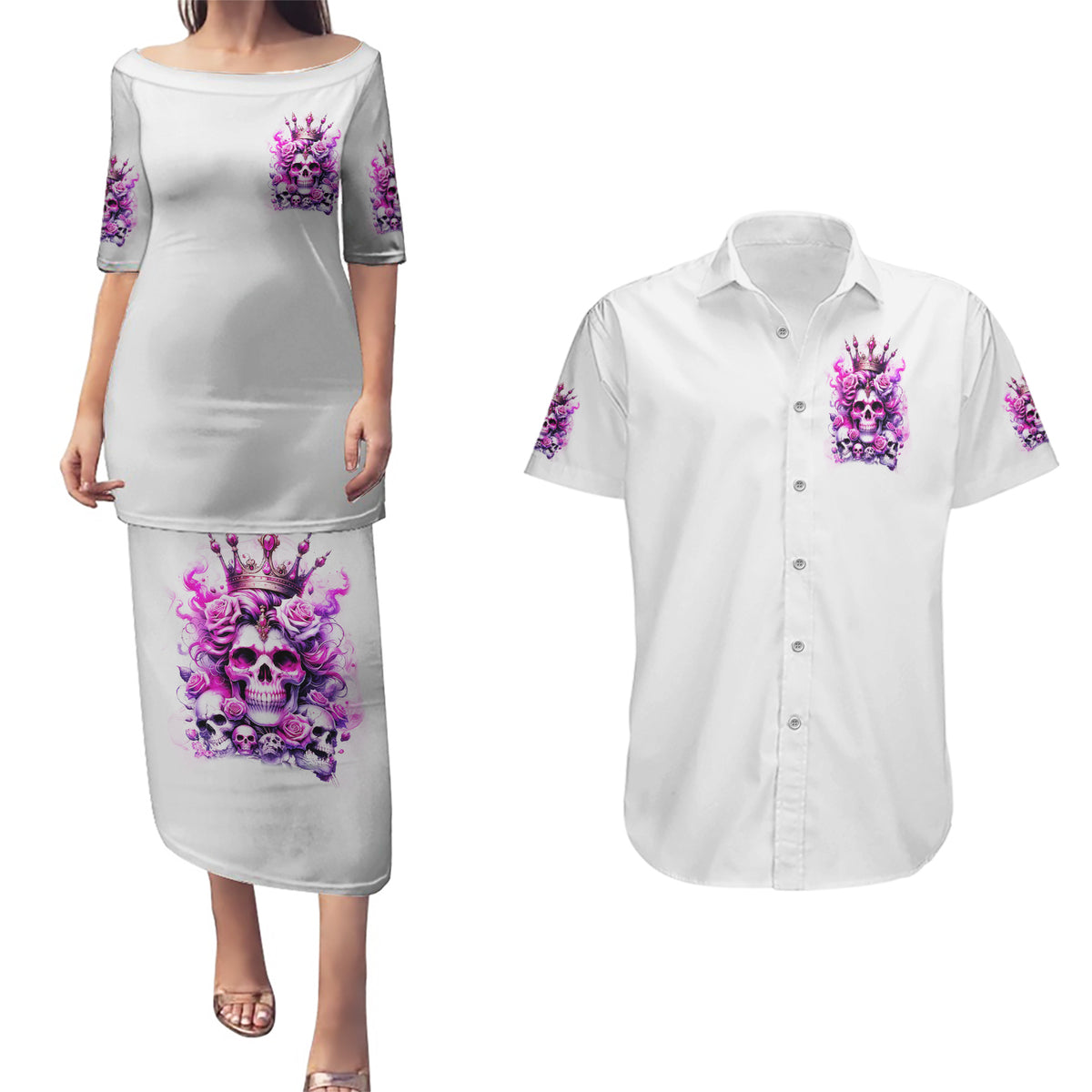 Rose Skull Couples Matching Puletasi and Hawaiian Shirt Queen Skull - Wonder Print Shop