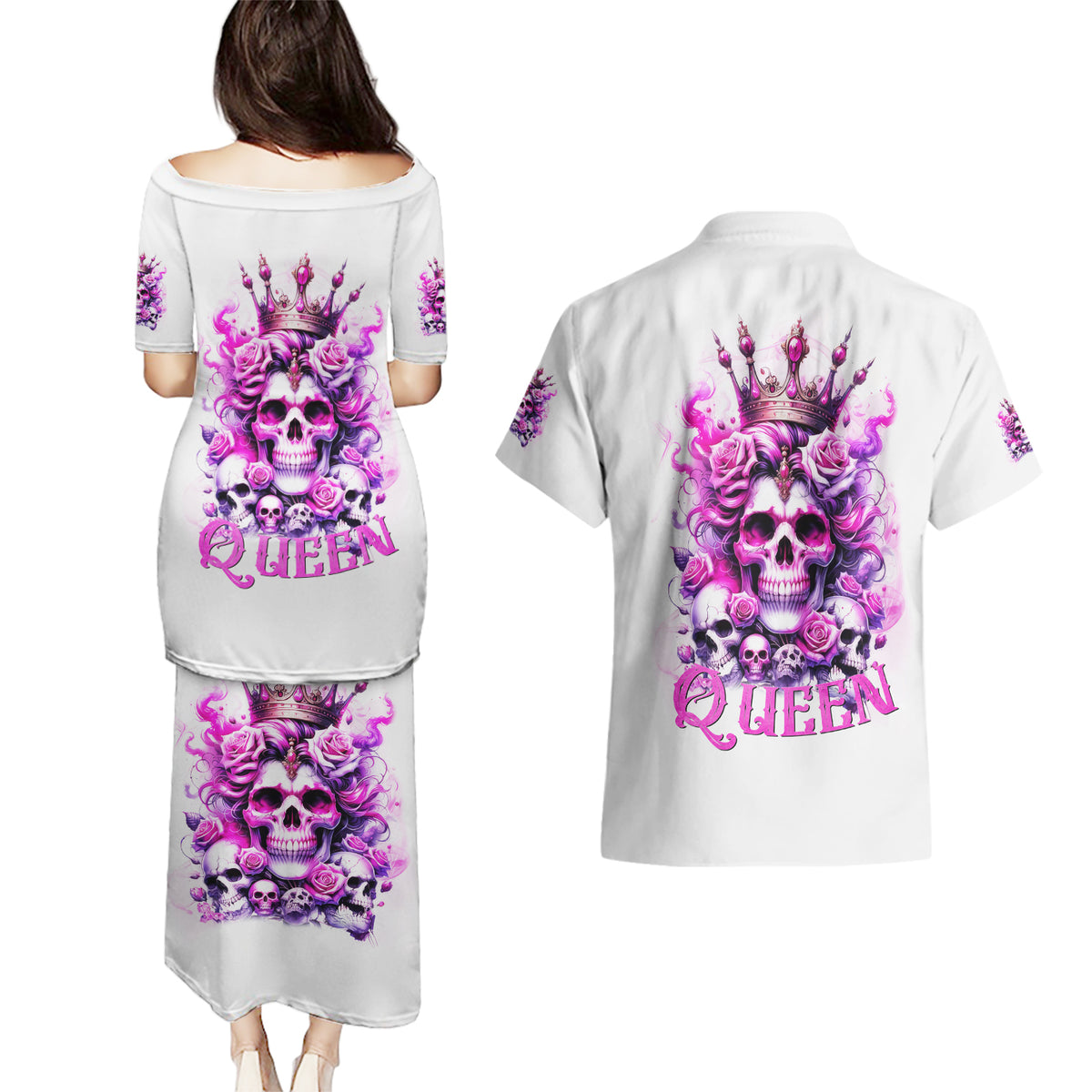 Rose Skull Couples Matching Puletasi and Hawaiian Shirt Queen Skull - Wonder Print Shop