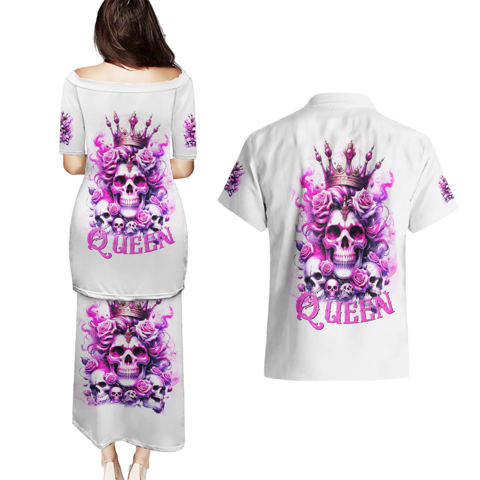 Rose Skull Couples Matching Puletasi and Hawaiian Shirt Queen Skull - Wonder Print Shop