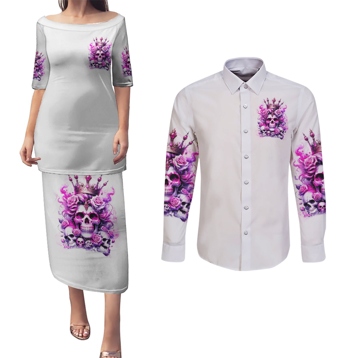 Rose Skull Couples Matching Puletasi and Long Sleeve Button Shirt Queen Skull - Wonder Print Shop