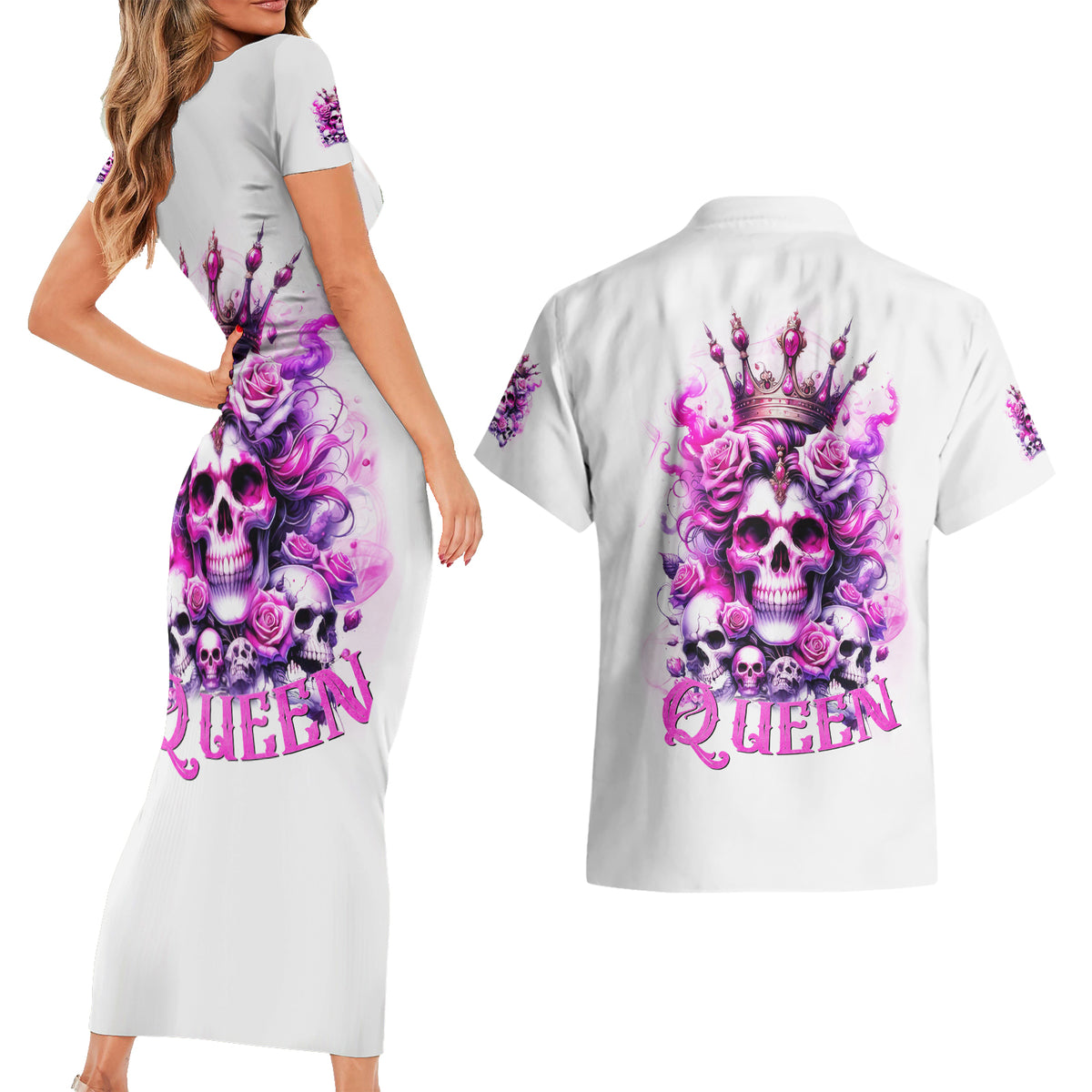 Rose Skull Couples Matching Short Sleeve Bodycon Dress and Hawaiian Shirt Queen Skull - Wonder Print Shop