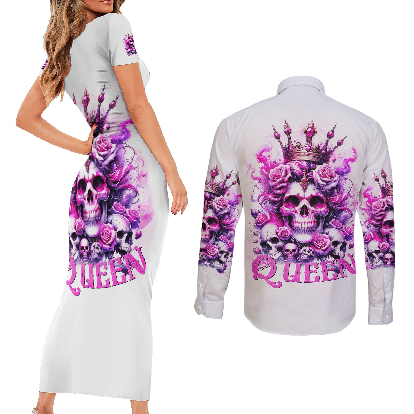 Rose Skull Couples Matching Short Sleeve Bodycon Dress and Long Sleeve Button Shirt Queen Skull - Wonder Print Shop