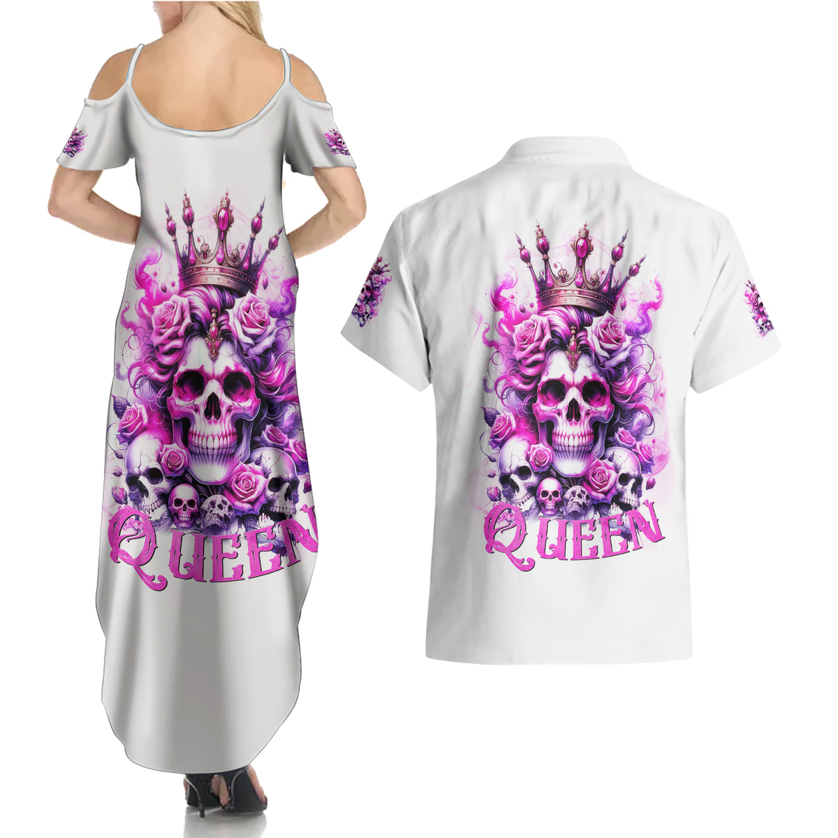 Rose Skull Couples Matching Summer Maxi Dress and Hawaiian Shirt Queen Skull - Wonder Print Shop
