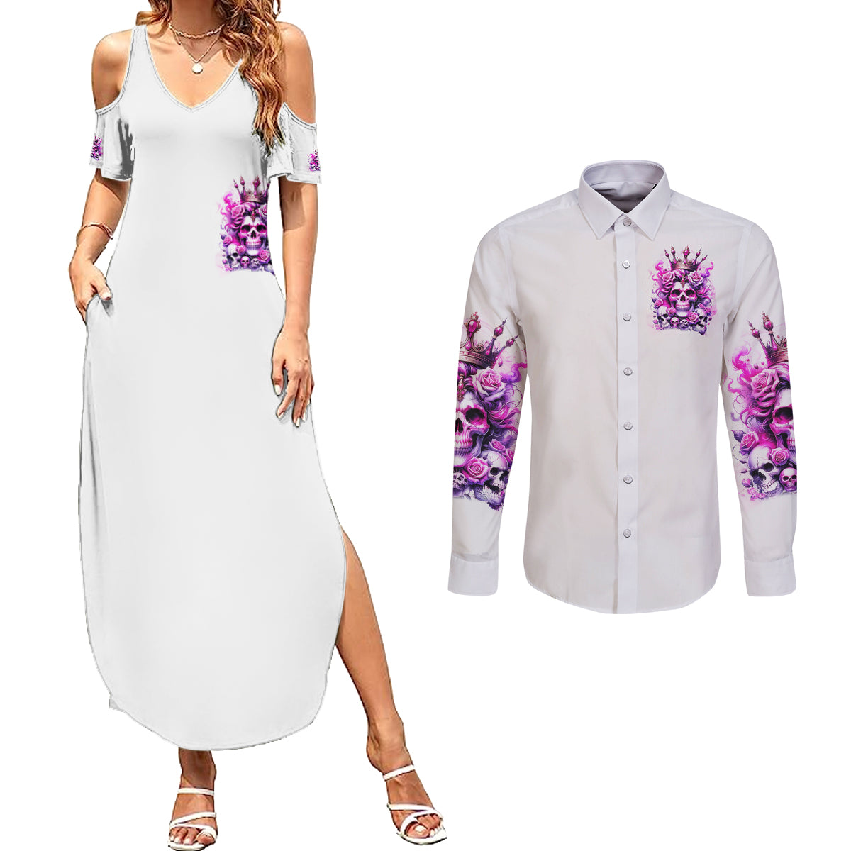 Rose Skull Couples Matching Summer Maxi Dress and Long Sleeve Button Shirt Queen Skull - Wonder Print Shop
