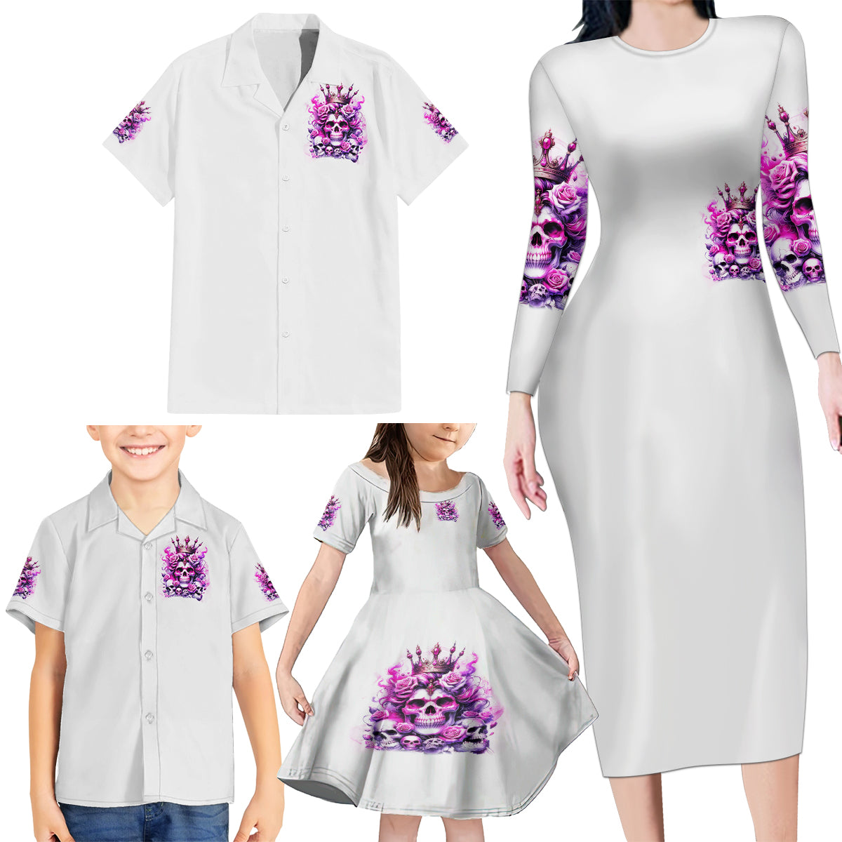 Rose Skull Family Matching Long Sleeve Bodycon Dress and Hawaiian Shirt Queen Skull - Wonder Print Shop