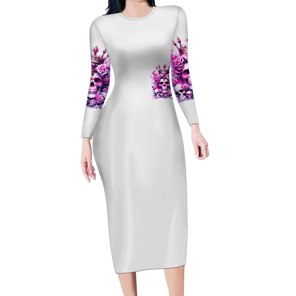 Rose Skull Family Matching Long Sleeve Bodycon Dress and Hawaiian Shirt Queen Skull - Wonder Print Shop