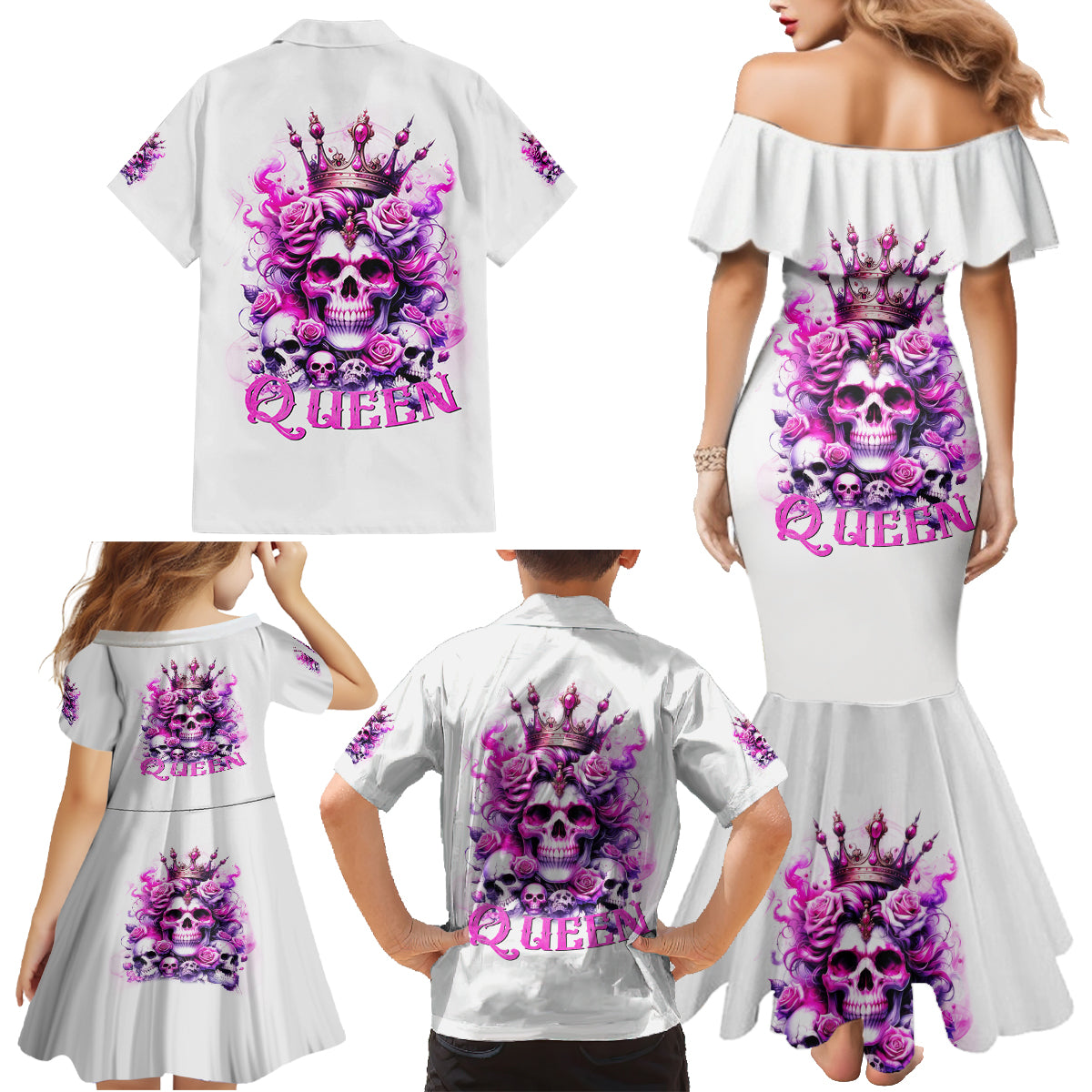 Rose Skull Family Matching Mermaid Dress and Hawaiian Shirt Queen Skull - Wonder Print Shop