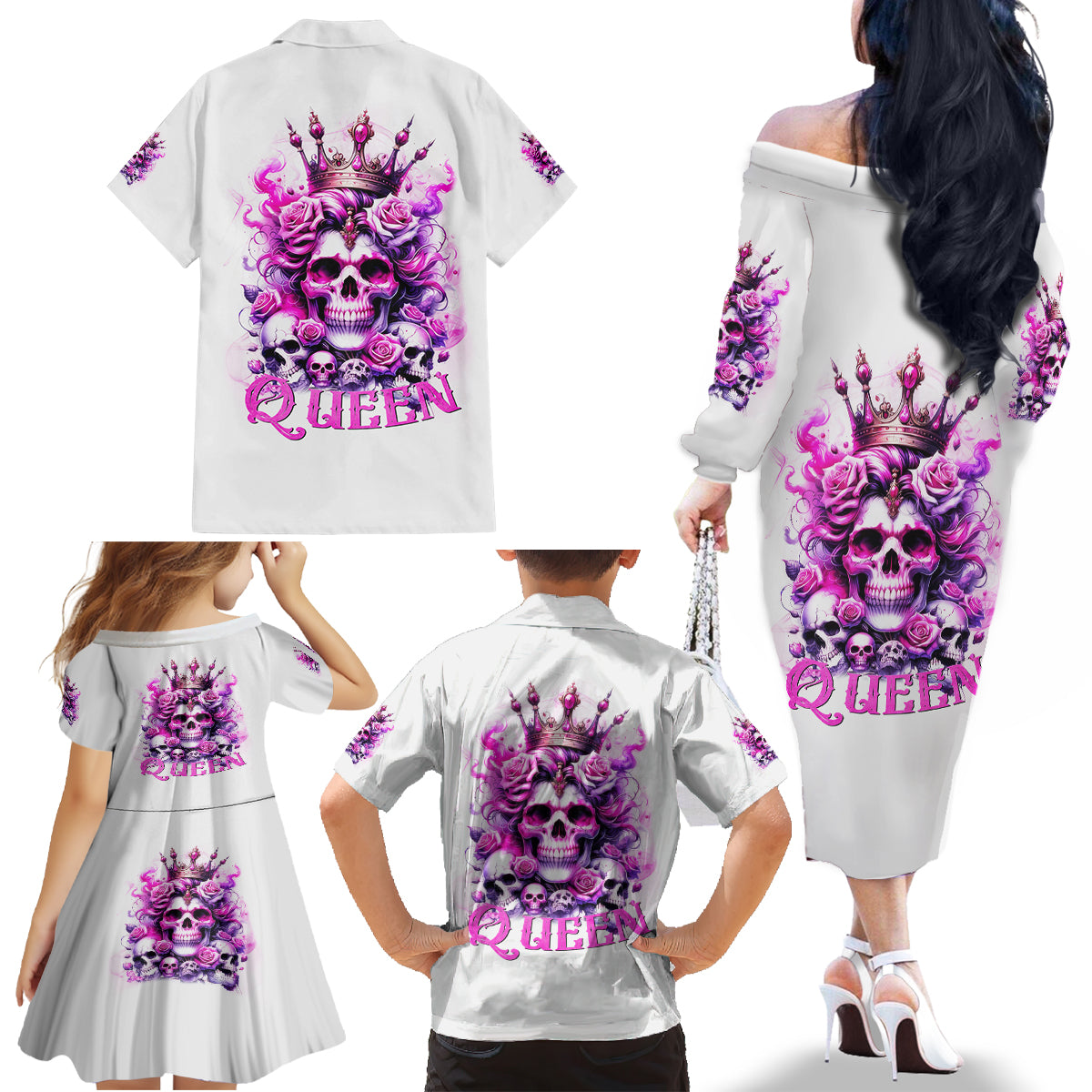 Rose Skull Family Matching Off Shoulder Long Sleeve Dress and Hawaiian Shirt Queen Skull - Wonder Print Shop