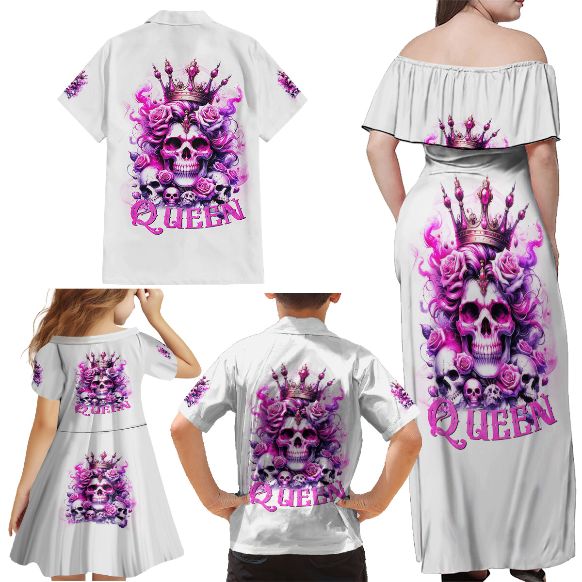 Rose Skull Family Matching Off Shoulder Maxi Dress and Hawaiian Shirt Queen Skull - Wonder Print Shop