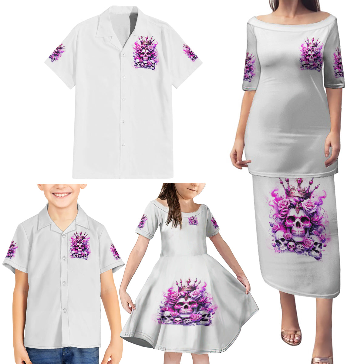 Rose Skull Family Matching Puletasi and Hawaiian Shirt Queen Skull - Wonder Print Shop
