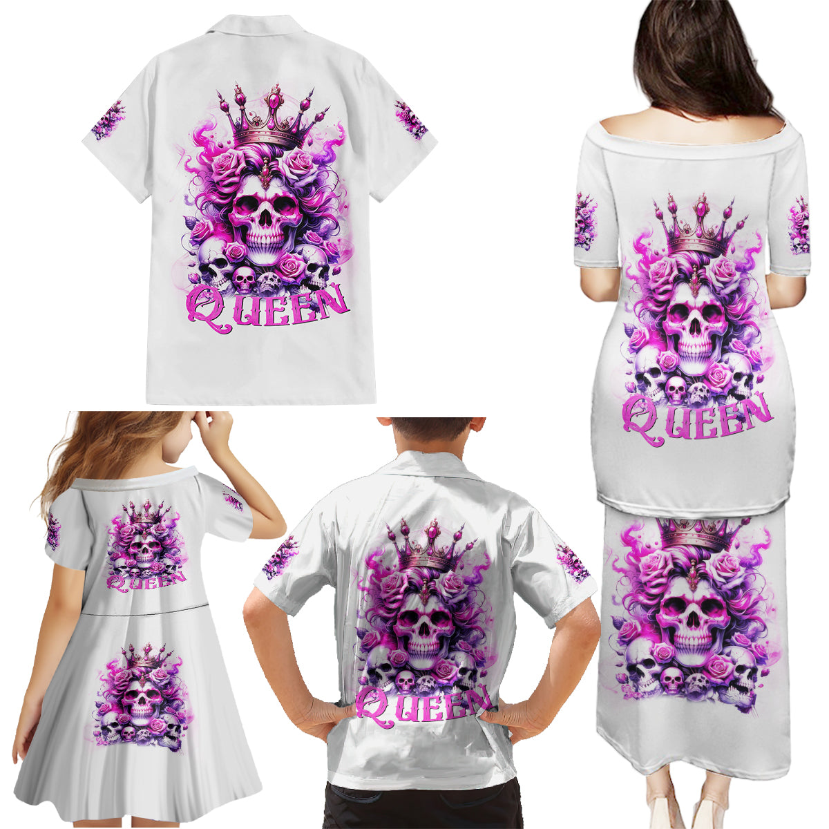 Rose Skull Family Matching Puletasi and Hawaiian Shirt Queen Skull - Wonder Print Shop