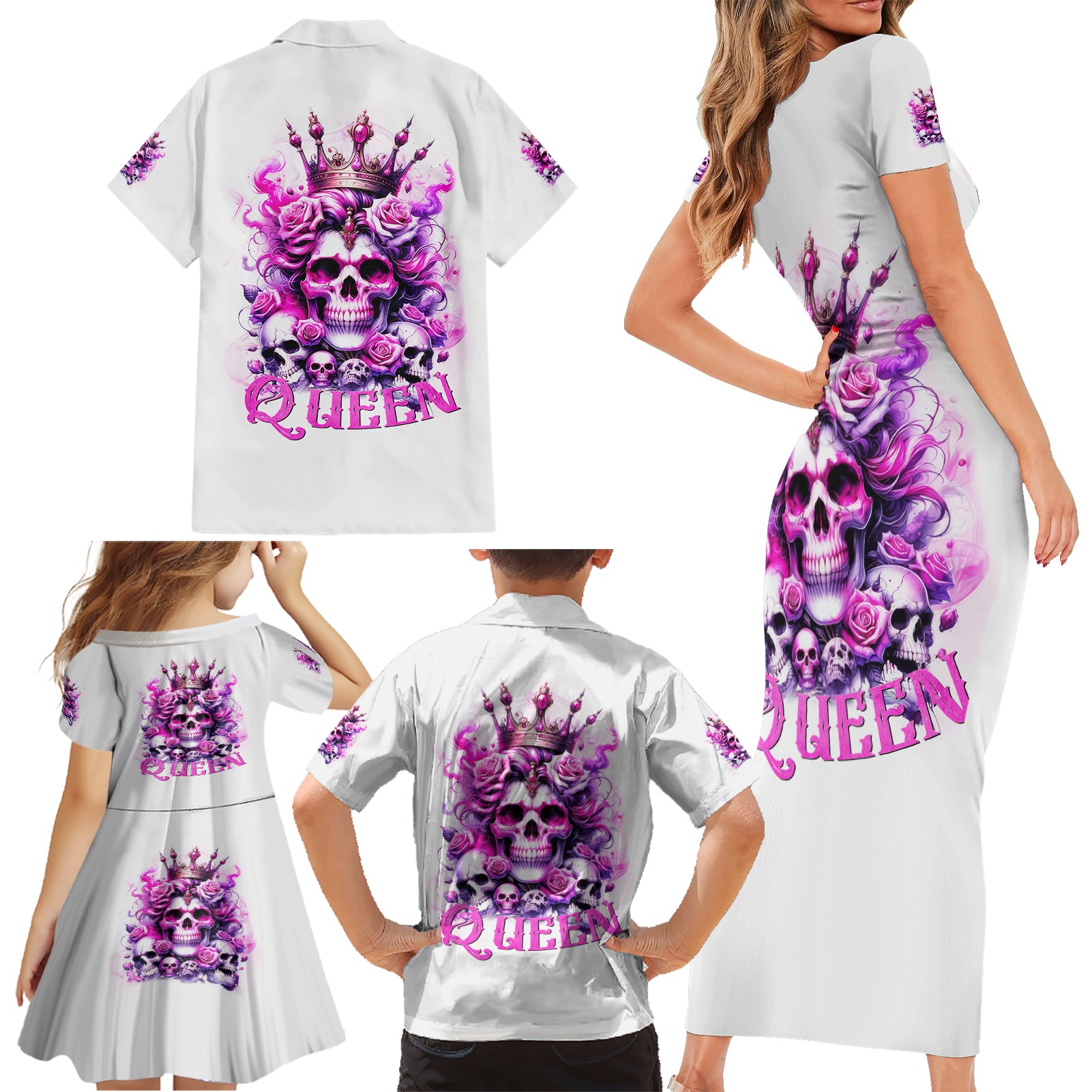 Rose Skull Family Matching Short Sleeve Bodycon Dress and Hawaiian Shirt Queen Skull - Wonder Print Shop